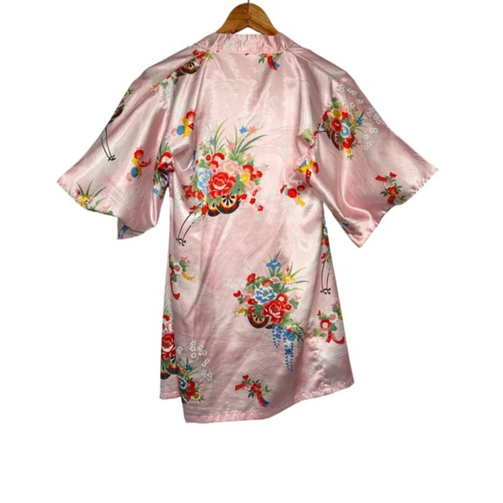 Vintage Pink Satin Floral Kimono Robe Made in Japan Coquette‎ XS S - Picture 2 of 14